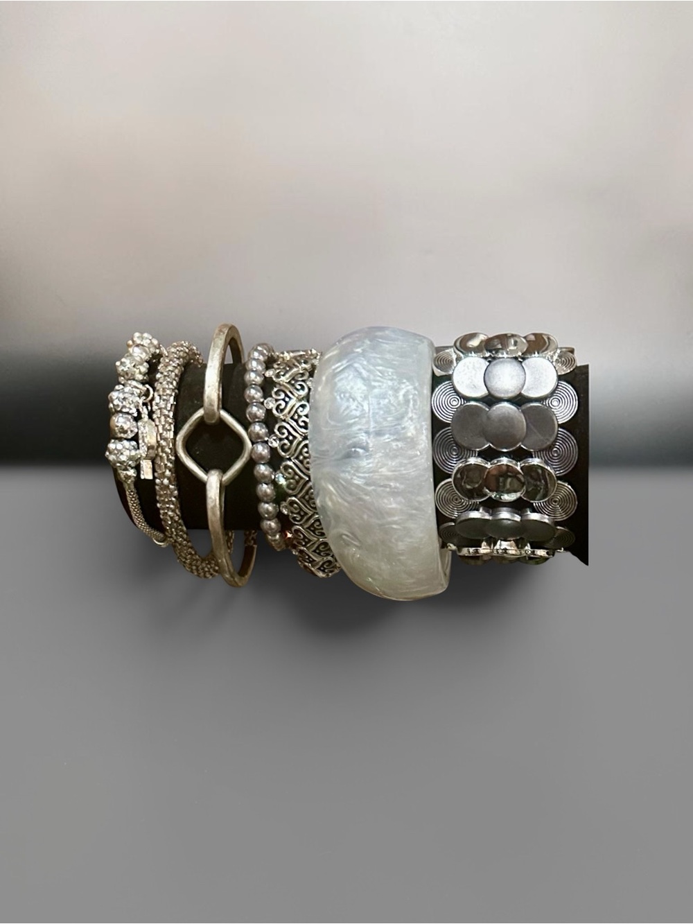 Chunky Silver Metal & White Resin Bracelet Stack | Modern Layering Set